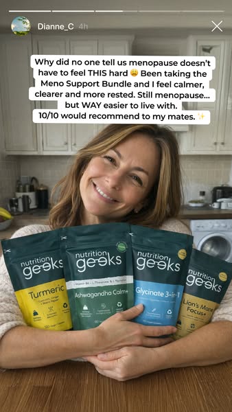 This ad features a woman in her kitchen holding a bundle of four Nutrition Geeks products. She shares her personal testi