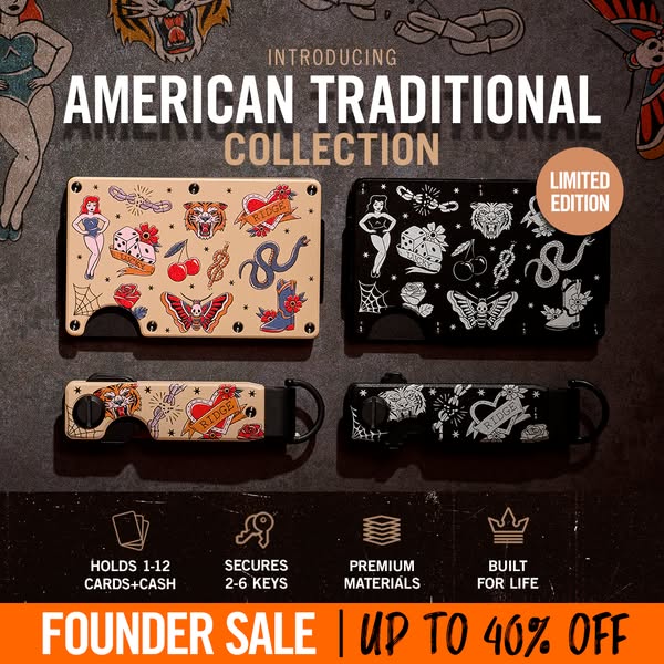This image ad promotes the Ridge brand's American Traditional Collection featuring wallets and key organizers. The a