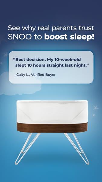 An ad featuring the Snoo bassinet and a quote from a verified buyer.