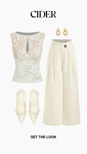 This ad showcases a curated outfit from the brand Cider, featuring a lace top, dressy pants, shoes, and jewelry, all sty