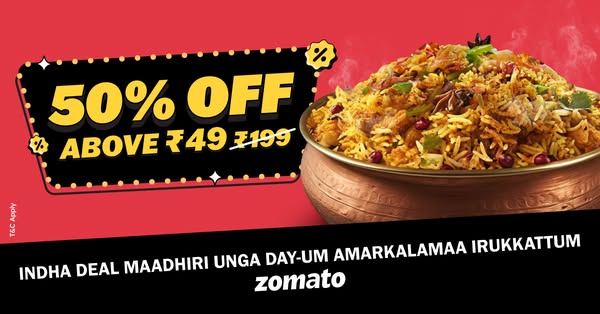 This image ad promotes a 50% off deal for Zomato on orders above ₹49. The ad features a pot of biryani and uses bold tex