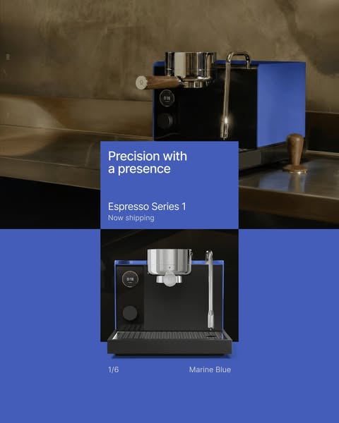 This ad features two images of an espresso machine called the Espresso Series 1. Text overlaying the product images read