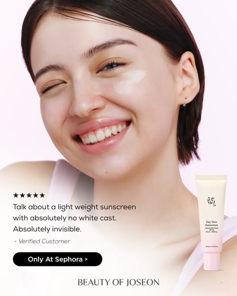 This ad features a customer testimonial for Beauty of Joseon's Day Dew Sunscreen. The ad highlights the sunscreen
