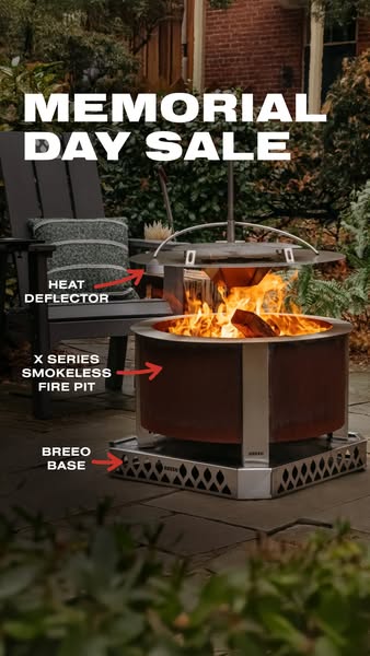 This ad promotes a Breeo smokeless fire pit, highlighting specific features and promoting a Memorial Day Sale.