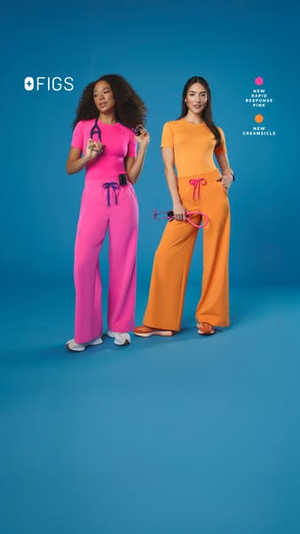 This ad features two women wearing FIGs scrubs. The ad highlights the range of colors the scrubs come in.