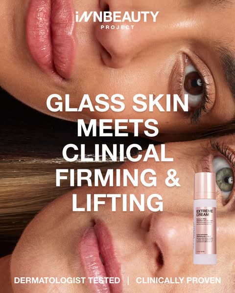 This ad uses a split-screen visual of two close-up shots of a woman's face to promote InnBeauty Project's Extrem