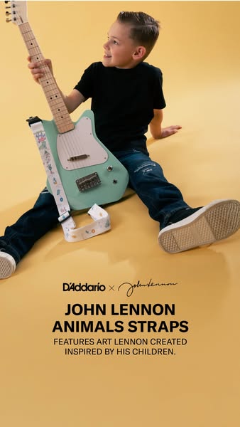 This ad presents the John Lennon Animals Straps in collaboration with D'Addario, highlighting the unique feature of 