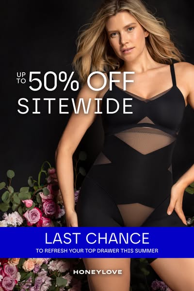 This image ad promotes Honeylove shapewear. The ad features a woman modeling a shapewear bodysuit with a discount of up 