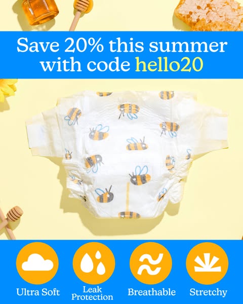 This ad promotes diapers, offering a 20% discount this summer with a specific code. It showcases the diaper's featur