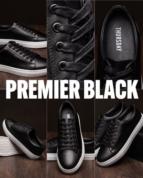 This ad showcases the "Premier Black" shoe from Thursday Boots in a visually appealing collage format, emphasi