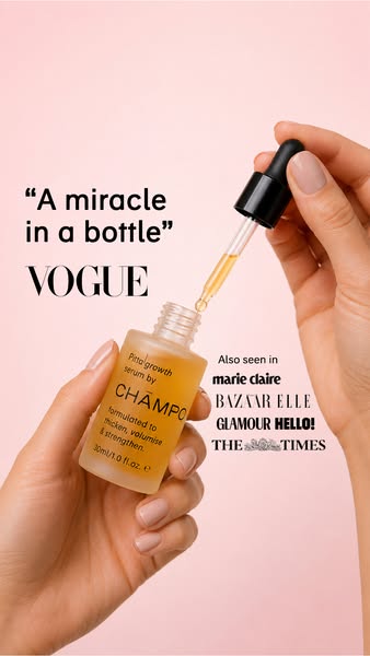 This image ad for the hair product Champo emphasizes the brand's credibility through mentions in Vogue and other mag