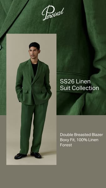 This is an image ad showing a man modeling a forest green suit from Percival's SS26 linen suit collection.