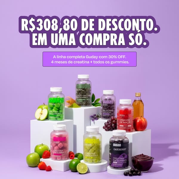 Image ad featuring a variety of Guday gummy vitamin products, staged on a multi-tiered platform with various fruit and b