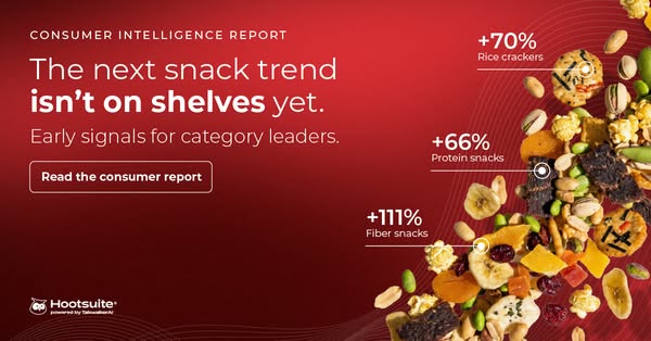 The image ad promotes Hootsuite's consumer intelligence report which details the next snack trends. It highlights th