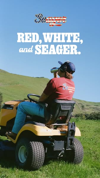This image ad for Seager shows a person enjoying a beverage while mowing a grassy field with a Cub Cadet mower. The text