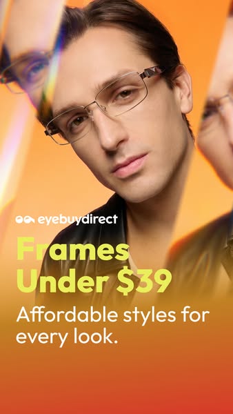 This image ad for eyebuydirect features a close up of a man wearing glasses with the offer of frames under $39.
