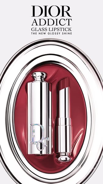 This ad showcases the Dior Addict Glass Lipstick, highlighting its glossy shine in a visually appealing manner.