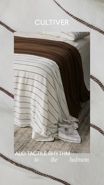 The ad showcases bedding from Cultiver, emphasizing the brand's ability to add tactile rhythm to the bedroom with a 