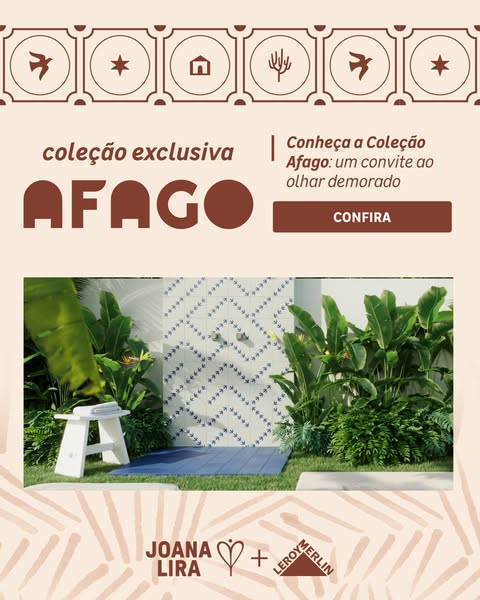 This ad is promoting a new collection of home goods. It shows a preview of a tiled shower space in a tropical outdoor se