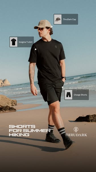 An image ad showcasing a man wearing ThruDark apparel on a beach. The ad highlights the clothing items, including the In