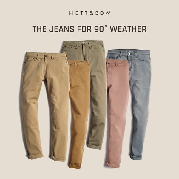 The image ad showcases Mott & Bow jeans specifically designed for hot weather. It features five different pairs of j