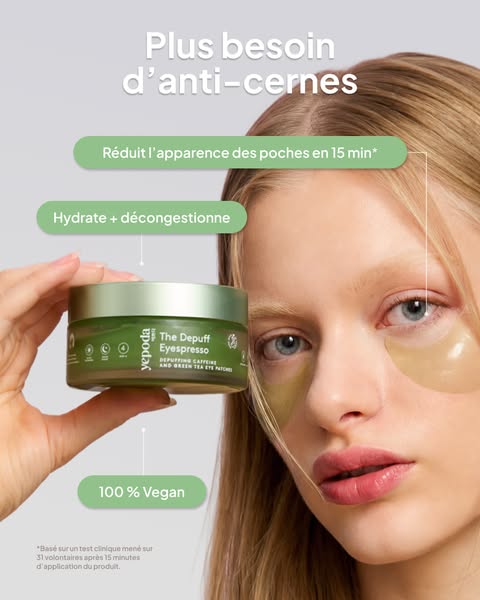 This ad features an image of a blonde woman modeling the Yepoda eye patches. The image copy focuses on the benefits of t