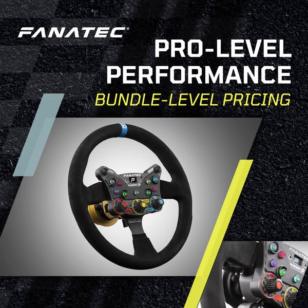 This image ad promotes Fanatec's racing wheel, touting pro-level performance at a bundle-level price.