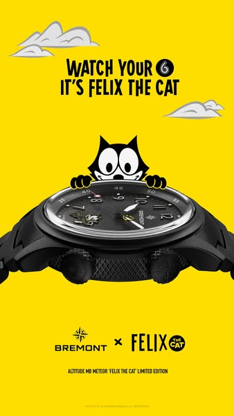 This ad presents the Bremont watch in collaboration with Felix the Cat, with a bright yellow background and featuring th
