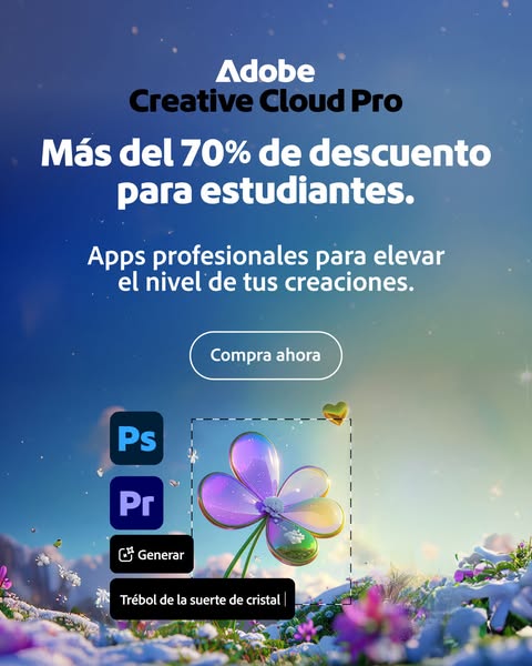 The ad is for Adobe Creative Cloud Pro, highlighting a student discount. It features different creative applications wit