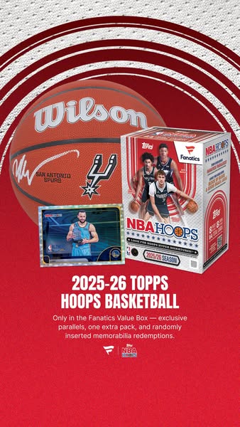 This image promotes the 2025-26 Topps Hoops Basketball Fanatics Value Box, highlighting exclusive parallels and memorabi