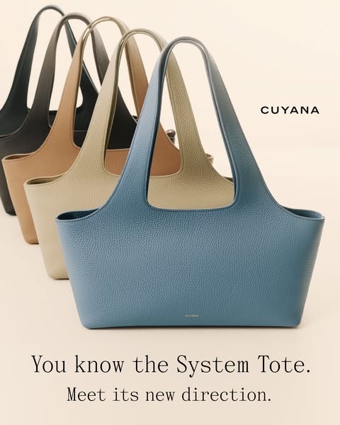This ad promotes the Cuyana System Tote bag in a variety of colors.