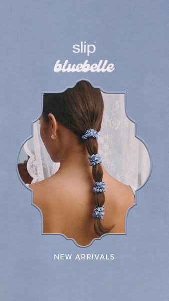 An ad for Slip scrunchies featuring an image of the bluebelle scrunchies being worn in a braid.