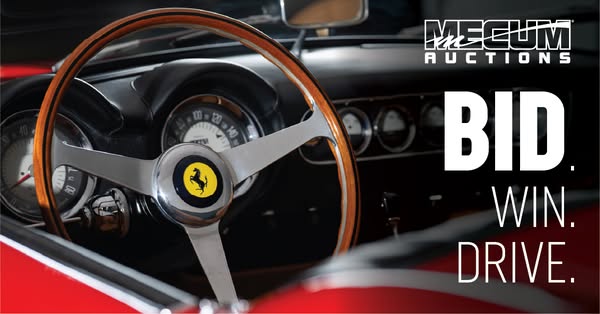 This image ad for Mecum Auctions features the dashboard of a Ferrari, with the text overlay 'BID. WIN. DRIVE.'