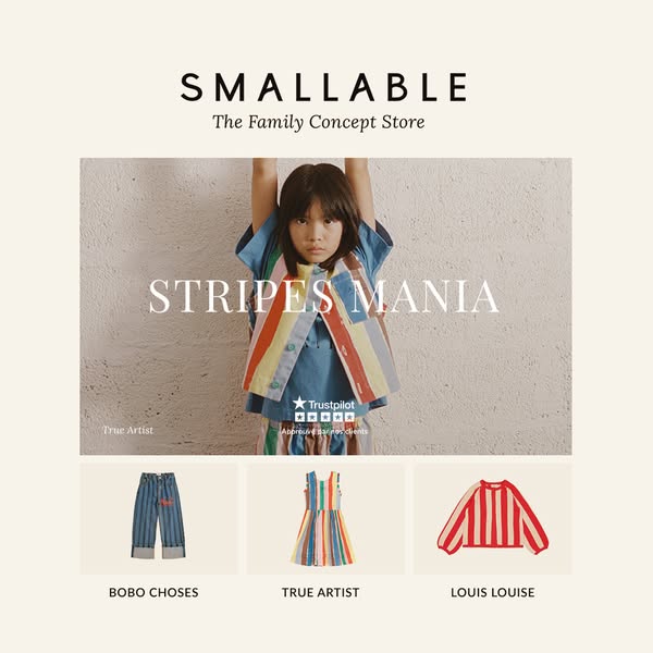 This ad showcases three items of clothing from three different brands, each featuring a striped design. The overall them