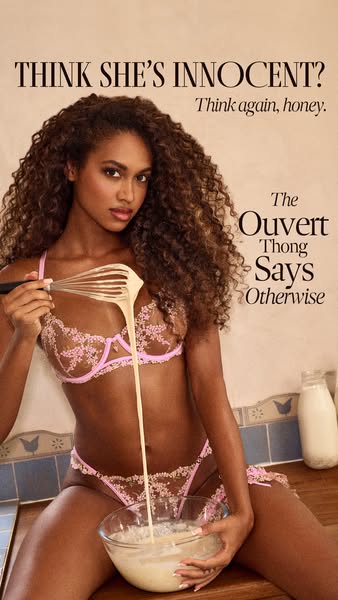 This ad features a woman in lingerie in a kitchen setting. The copy uses a playful, flirtatious tone, suggesting a contr