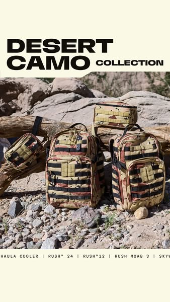 The ad showcases a collection of backpacks and bags in a desert camo pattern, arranged against a desert landscape backdr