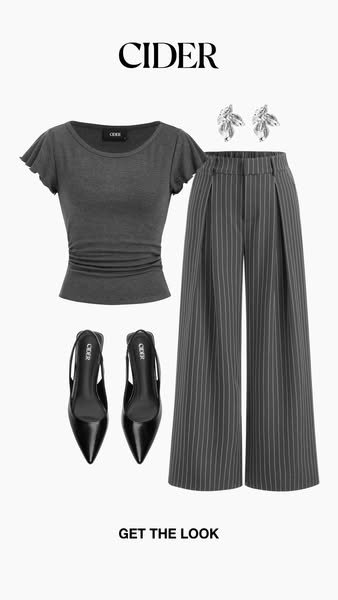 This ad showcases a fully styled outfit from Cider consisting of a grey top, pinstripe pants, black heels, and jeweled e