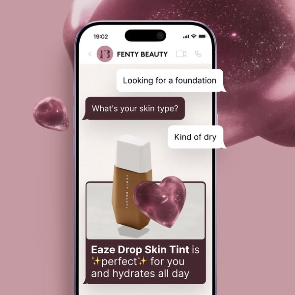 The ad uses a mock messaging interface to present a conversation where a potential customer expresses interest in findin