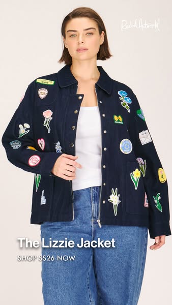 This ad showcases a woman wearing the Lizzie Jacket from Rachel Antonoff's SS26 line. The ad encourages viewers to s