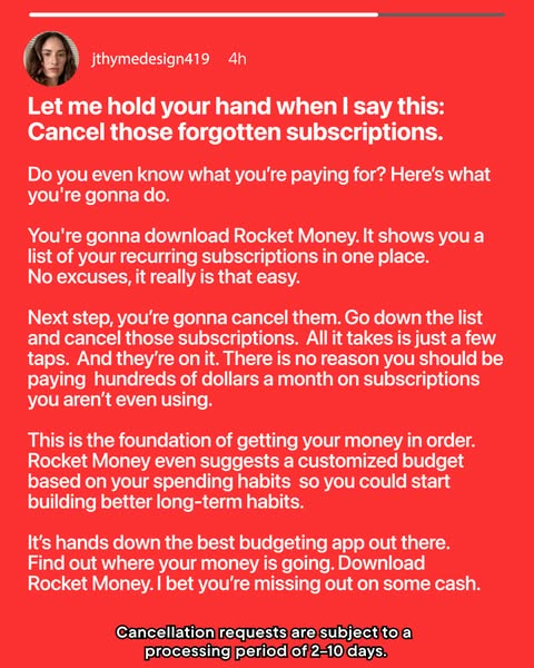 An influencer post style ad promoting the Rocket Money app. The ad is designed to look like an organic post from an infl
