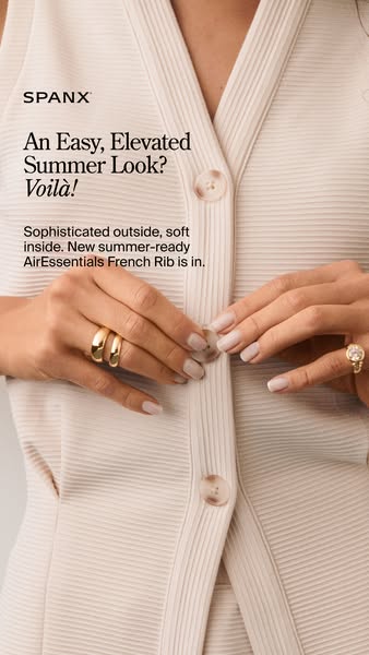 This Spanx ad highlights their summer-ready AirEssentials French Rib clothing line. The ad features a close-up shot of a