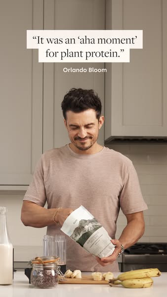 This ad features a testimonial from Orlando Bloom about a plant protein product. The ad shows Bloom in a kitchen setting