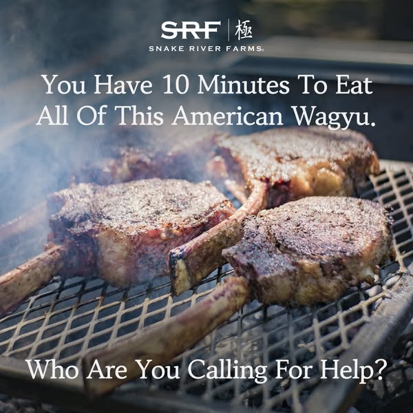 This ad for Snake River Farms features a close-up of several grilled American Wagyu steaks on a grill, prompting viewers