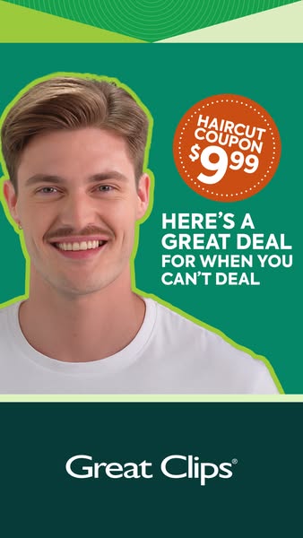 This image ad for Great Clips features a coupon for a haircut for $9.99 and utilizes a smiling man to convey a positive 