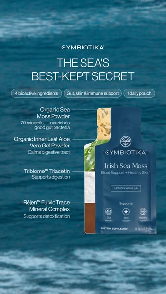 This image ad showcases Cymbiotika's Irish Sea Moss supplement, highlighting its key ingredients and benefits for gu
