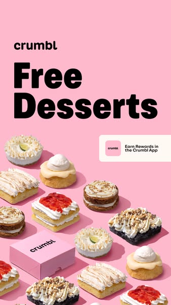 This ad for Crumbl Cookies uses a flat lay style to showcase a variety of cookies and promote the brand's rewards pr