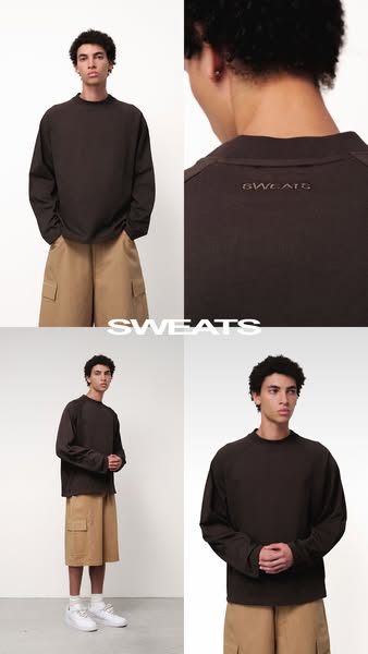 This image ad features a four-panel collage showcasing a brown long-sleeve shirt from various angles, worn by a male mod