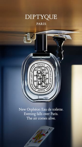 This ad promotes Diptyque's Orphéon Eau de Toilette with a stylized product shot and atmospheric text.