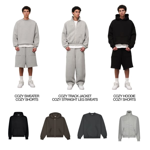 The ad showcases different variations of the brand's 'cozy' collection. It displays three model shots on top