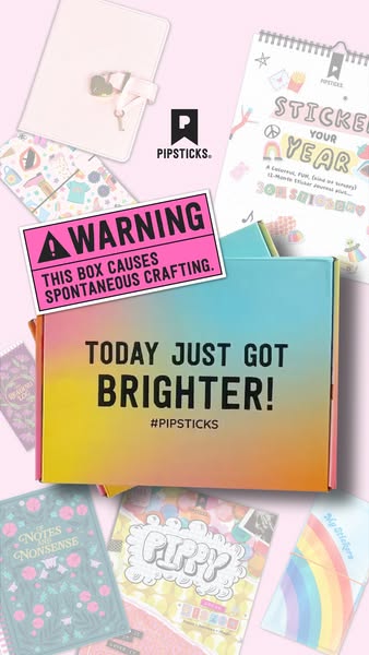 This ad is for Pipsticks sticker club. The image shows a box surrounded by some of the sticker books, notebooks, and sti